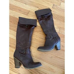 Mia Brown over the Knee-High Leather Boots With Buckle Detail & Stacked Heel 6